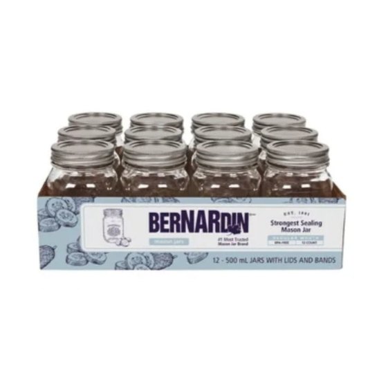 Bernardin 500 mL mason jars, 12-pack with lids and bands, ideal for canning, preserving, and homemade sauces.
